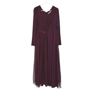 Soft Surroundings XL Silk Pleated Maxi Dress Burgundy Long Sleeve Wine Plum
